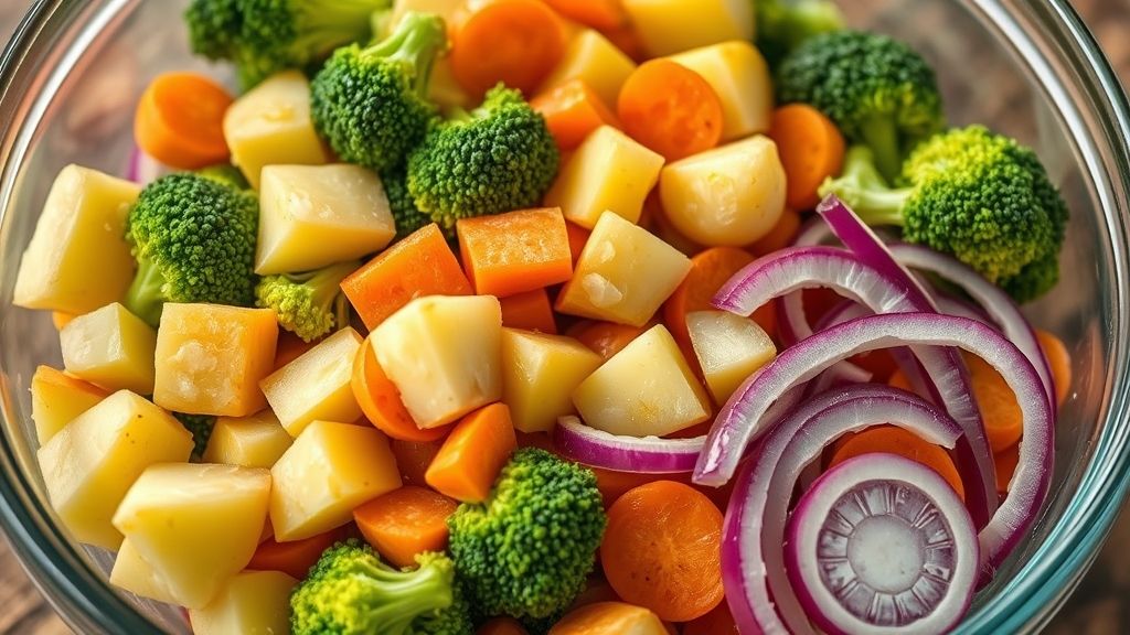An ultra-close-up, 16:9 photorealistic shot of vibrant, freshly chopped vegetables—quarter-cut baby potatoes, bright green broccoli florets, orange carrot rounds, and purple red onion wedges—piled neatly in a clear glass mixing bowl, with soft golden yellow highlights.
