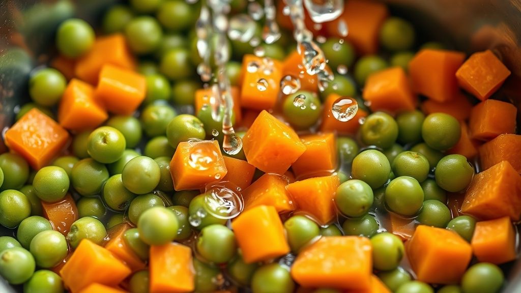 Ultra-close-up, photorealistic 16:9 image of vibrant green peas and diced orange baby carrots being drained in a colander, with water droplets visible. Lighting has a golden-yellow (#fdc754) tone. No text.