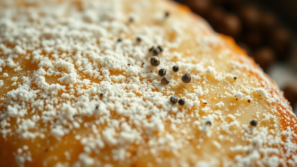 Ultra-close-up, photorealistic shot of a floured chicken cutlet, with a fine dusting of all-purpose flour, salt, and black pepper clearly visible on its surface. Soft, golden yellow (#fdc754) lighting highlights the seasoning. 16:9 widescreen aspect ratio, no text.