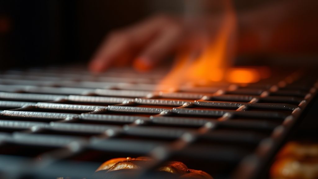 Close-up of a grill grate or broiler element heating up, showing a slight orange glow, indicating high heat. The background is softly blurred with a hint of a warm golden yellow (#fdc754) light. 16:9 aspect ratio.