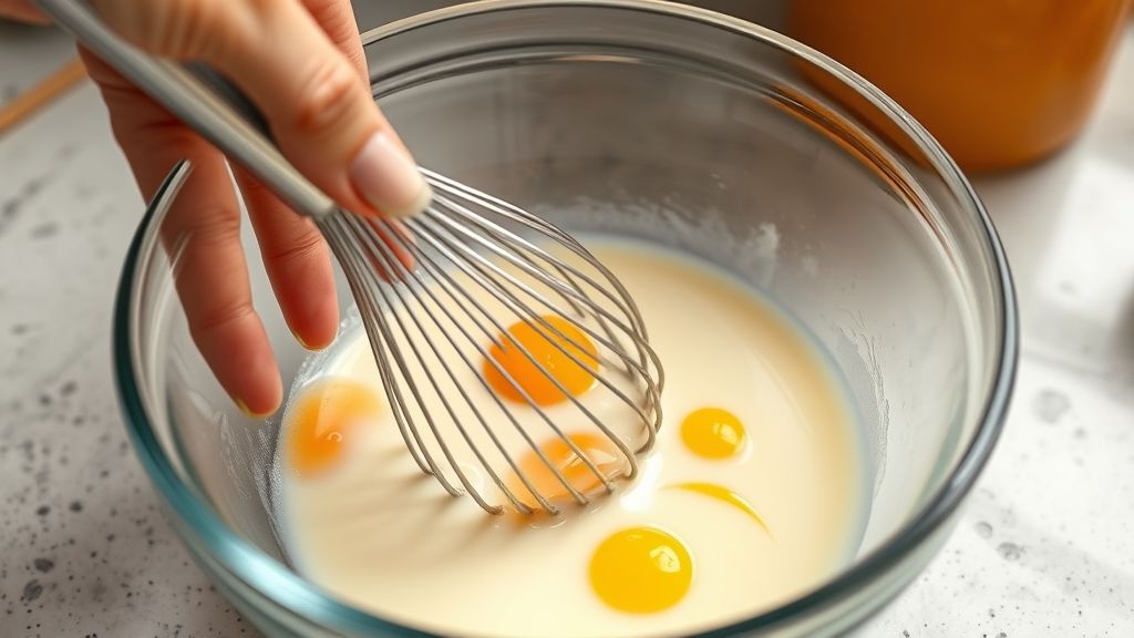 A medium glass mixing bowl filled with whisked wet ingredients: eggs, milk, melted butter, and a swirl of vanilla extract. A hand is gently using a balloon whisk to combine them into a smooth, pale yellow liquid. The countertop is clean and well-lit.