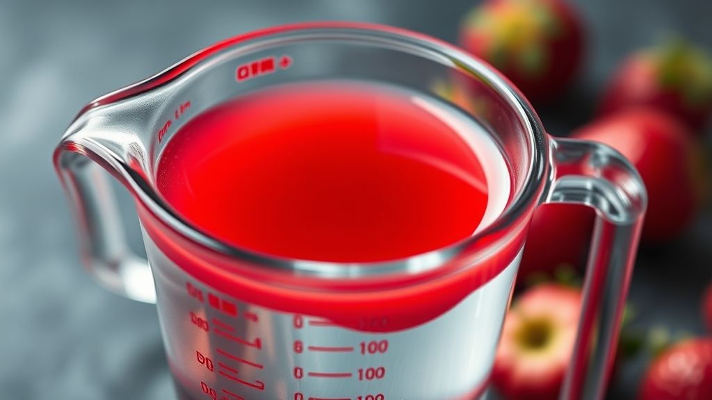 A measuring cup filled with 1 cup of combined reserved strawberry liquid and water, showcasing the vibrant red hue of the strawberry juice mixed with clear water, ready for the next step.