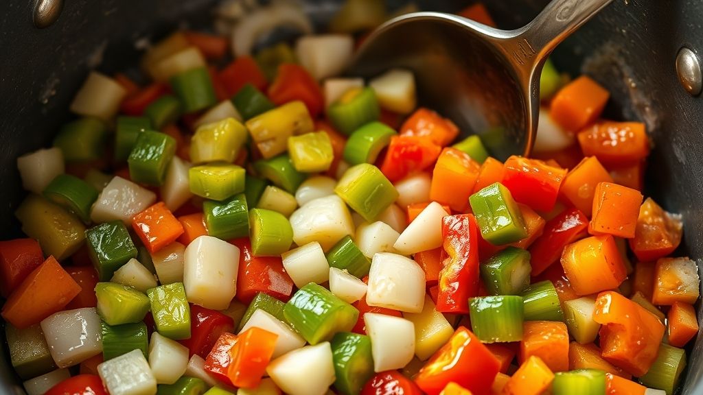 Vibrant, freshly chopped red bell pepper, green bell pepper, white onion, and green celery stalks sautéing in the same Dutch oven. The vegetables are glistening with olive oil, softening, and emitting a subtle steam. A cooking spoon rests in the pot.