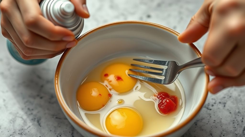 Hands spraying a ceramic cereal bowl with nonstick cooking spray, followed by an image of two cracked eggs and two tablespoons of salsa in the same bowl, being gently whisked together with a fork. The surface is clean and well-lit.