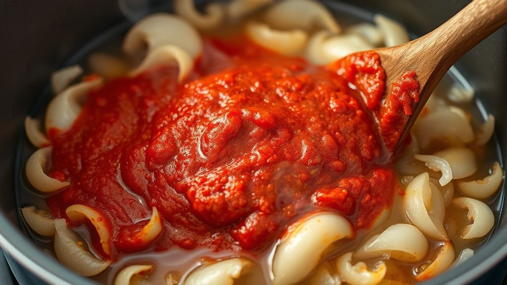 Una vibrante pasta de curry rojo tailandés siendo mezclada con las cebollas y el ajo ablandados en la olla de base pesada. La pasta se disuelve en el aceite, liberando sus especias fragantes, creando una mezcla rica y aromática. El vapor se eleva suavemente de la olla, indicando calor.