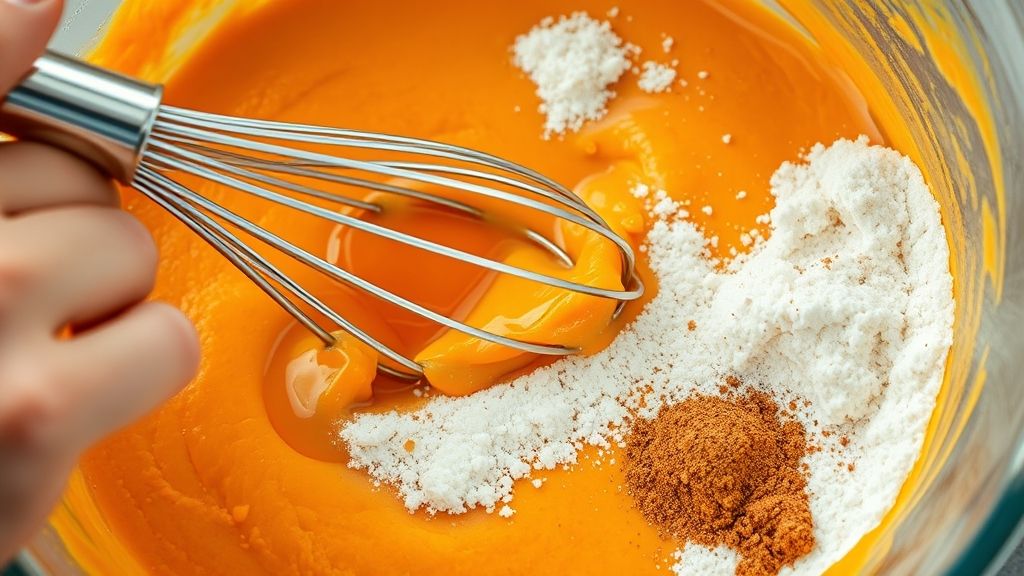 A close-up, dynamic shot of a large mixing bowl where wet ingredients (pumpkin puree, eggs, sugar, oil) are being vigorously whisked together. A hand holding a stainless steel whisk is in motion, creating a smooth, vibrant orange mixture. Dry ingredients like flour and spices are visible in a separate bowlónearby, ready to be added.