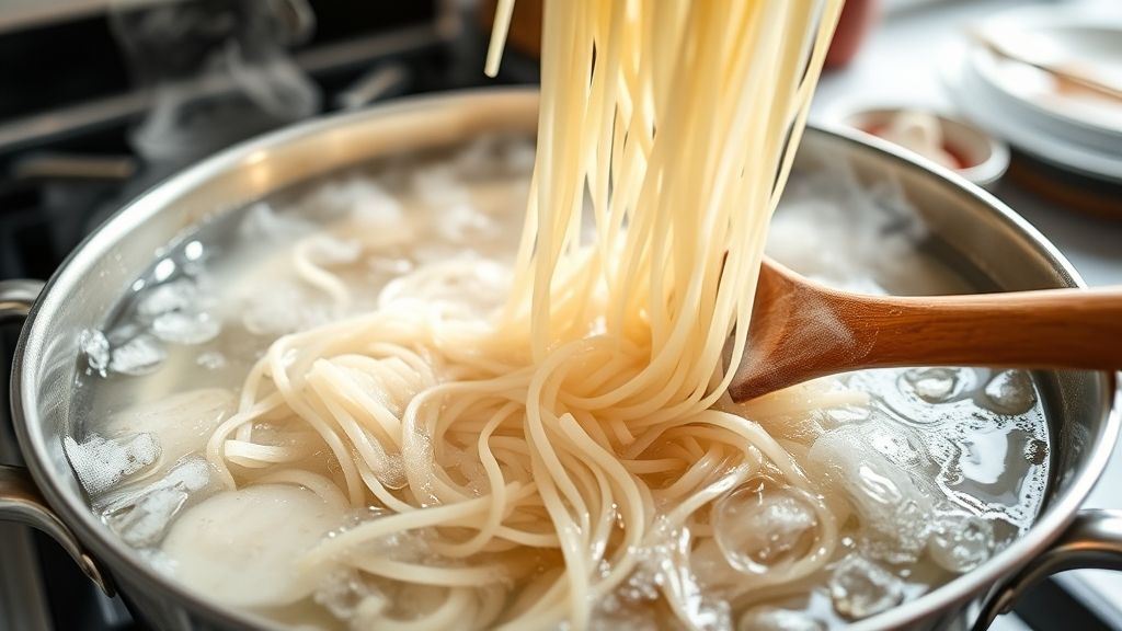Photorealistic, eye-level shot of rice stick vermicelli noodles being added to a large pot of vigorously boiling, lightly salted water on a stovetop. Steam rising, a wooden spoon poised for stirring. Bright kitchen background.