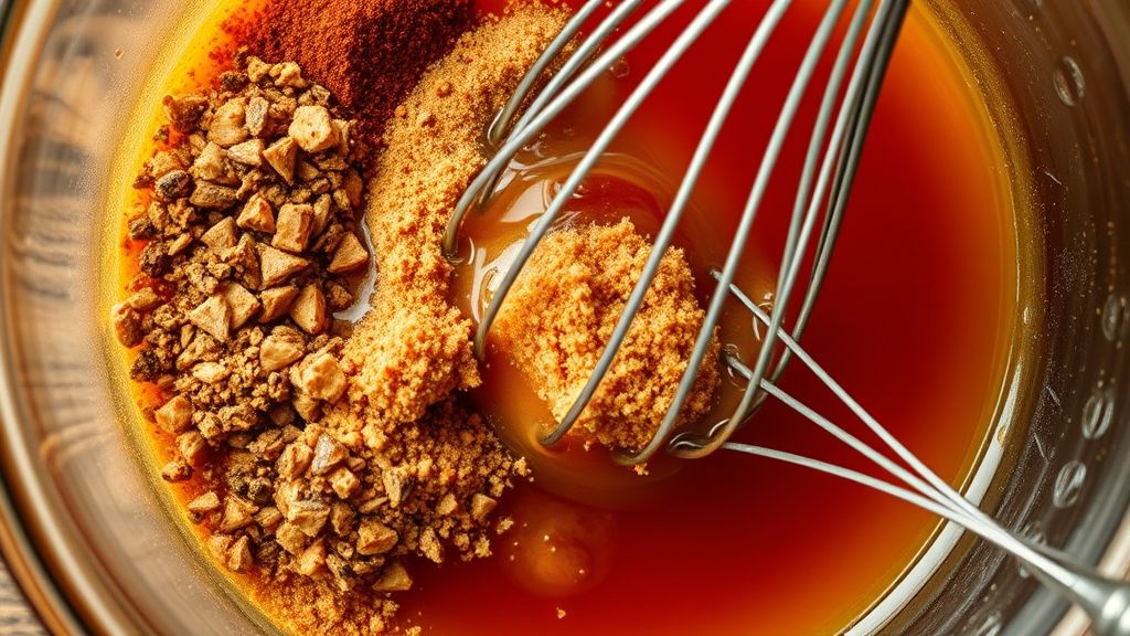 A vibrant, overhead shot of various spices and a non-alcoholic lager beer being mixed in a clear glass or stainless steel mixing bowl. A whisk is in motion, ensuring the brown sugar is fully dissolved and the glaze ingredients are well combined, creating a rich, amber liquid.