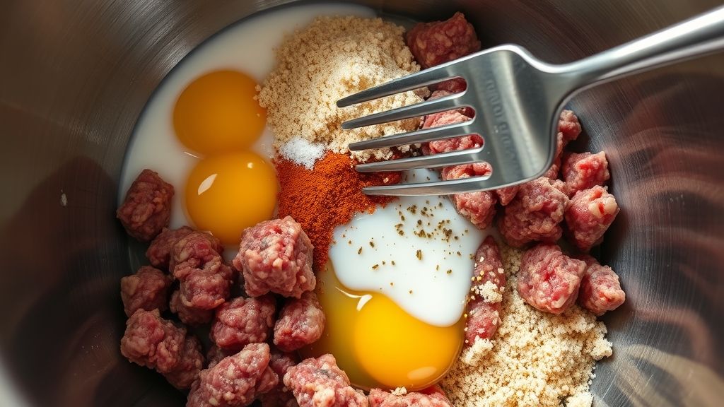 A stainless steel mixing bowl with the combined ground meats, now featuring an egg, milk, salt, pepper, onion powder, garlic powder, cayenne, and breadcrumbs on top. A fork is poised to gently mix them.