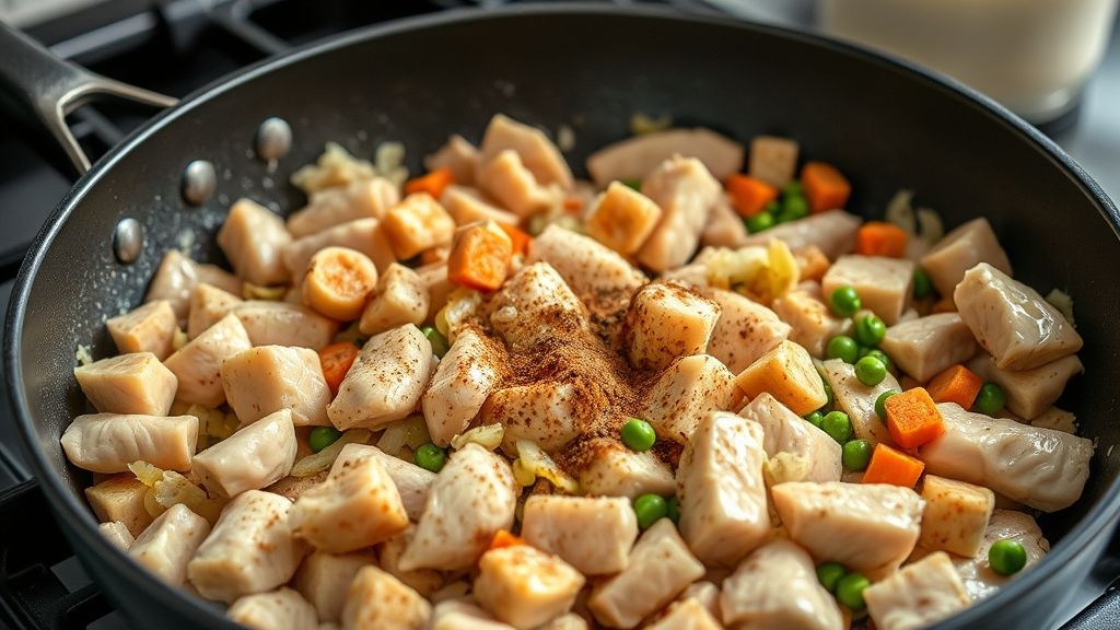 Eine große beschichtete Pfanne auf einem Herd, gefüllt mit gewürfelten Hähnchenbrustfilets und gehackten Zwiebeln, die goldbraun angebraten werden. Daneben stehen eine Dose kondensierte Hähnchensuppe, Milch und abgetropfte Erbsen und Karotten bereit, um hinzugefügt zu werden. Gewürze sind über das Hähnchen gestreut.