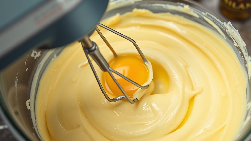 Adding eggs one by one and vanilla extract to cookie dough mixture
