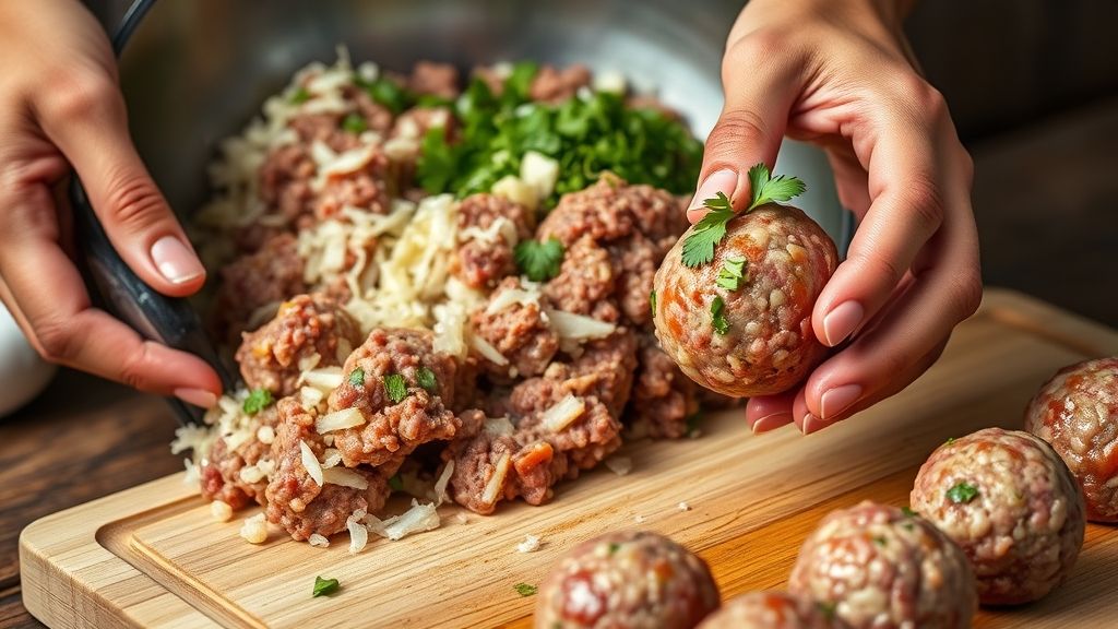 Mixing lamb meatball ingredients and forming balls