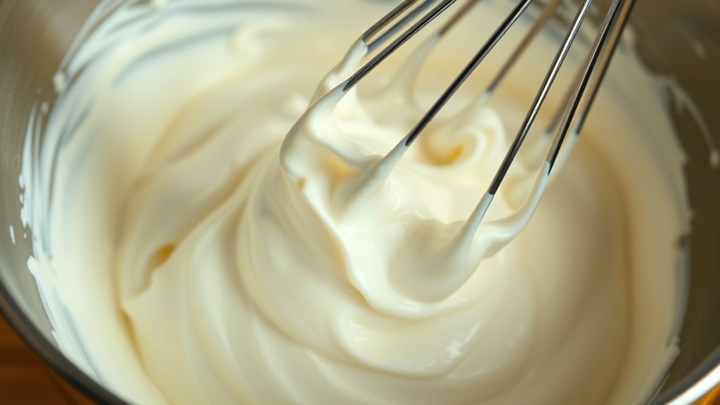 An ultra-close-up shot of heavy cream being whipped in a large bowl, with a whisk attachment creating stiff, fluffy peaks. The cream is bright white against a golden yellow-toned background, in a 16:9 widescreen aspect ratio, emphasizing texture and movement.