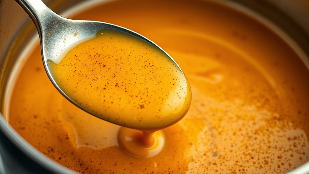 Ultra-close-up shot, 16:9 widescreen, of a rich, golden-yellow Cajun-spiced sauce simmering gently in a saucepan. A spoon is lifted, showing the sauce beautifully coating its back, with visible specks of seasoning. The surface of the sauce has a slight sheen. Photorealistic, no text.
