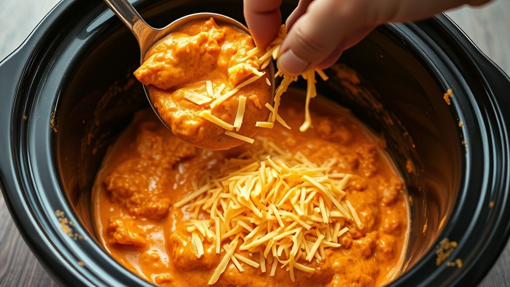 Transferring buffalo chicken dip to slow cooker with cheese