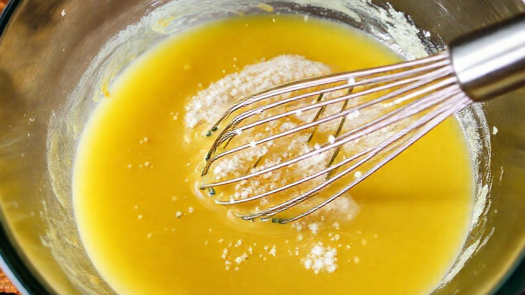 Batiendo huevos, azúcar, vainilla y sal para el relleno de las barritas de tarta