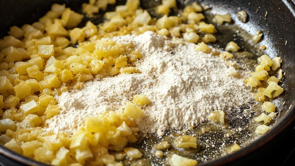 Faire sauter les oignons et l'ail, puis ajouter de la farine à la poêle
