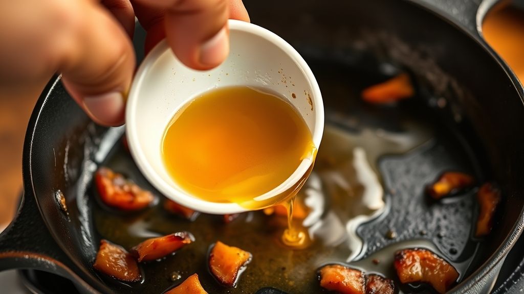 Ultra-close-up shot of a hand carefully tilting a cast iron skillet to drain excess bacon grease into a small, heat-safe bowl, leaving just a thin film in the pan. Golden yellow tones, 16:9 widescreen.