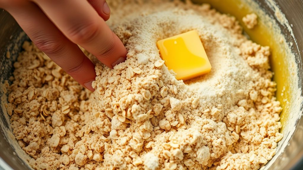 Gros plan ultra-rapproché de mains incorporant doucement du beurre fondu à un mélange de flocons d'avoine, de farine tout usage et de sucre blanc dans un bol de mélange, créant un dessus émietté et grossier. La texture est visible et invitante. Photoréaliste, format d'image 16:9, avec des tons jaune doré (#fdc754).