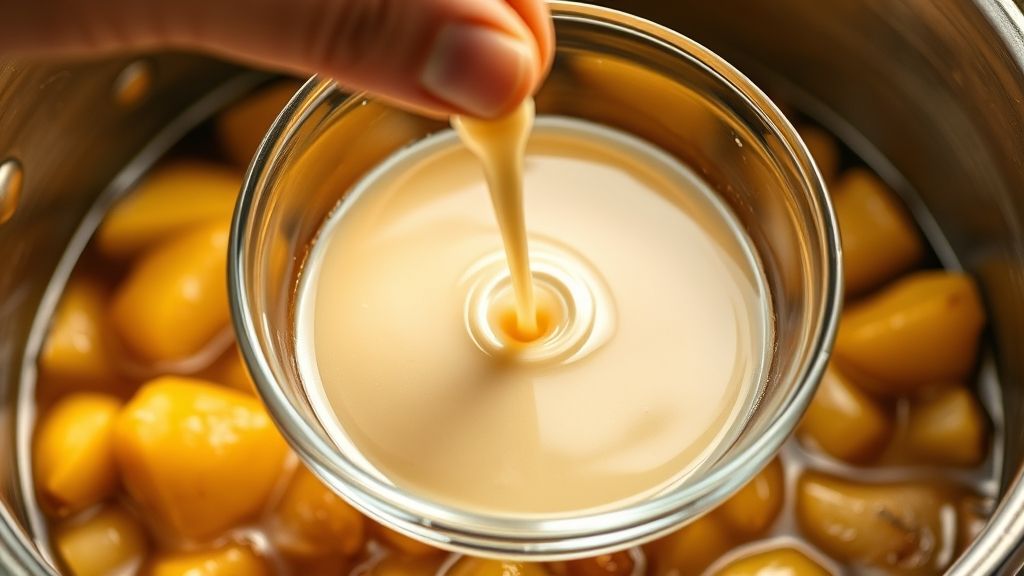 Ultra-close-up, photorealistic, 16:9 shot of a small clear glass bowl containing a perfectly whisked, smooth, opaque cornstarch slurry, with a hand gently pouring it into a saucepan filled with simmering apple mixture. Warm golden yellow light emphasizes the liquid's consistency, no text.