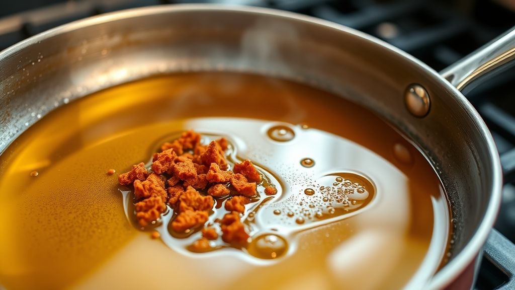 Primerísimo plano de una olla grande y ancha en una estufa, con un charco brillante de aceite de oliva dorado calentándose. Se está añadiendo chorizo mexicano picante desmenuzado al aceite caliente, creando un chisporroteo. Fotorealista, pantalla panorámica 16:9.