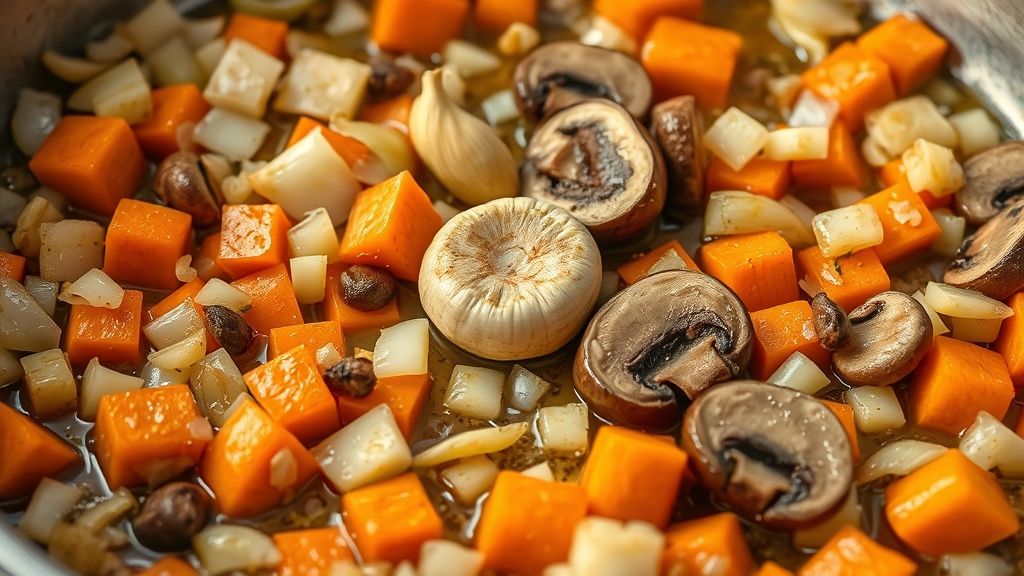Ultra-close-up, photorealistic shot of chopped onions, halved cremini mushrooms, and 2-inch carrot pieces sautéing in a skillet with melted butter and beef drippings. The vegetables should be slightly softened and taking on a golden hue. A halved garlic head is visible among them. Warm golden yellow (#fdc754) lighting. 16:9 widescreen.