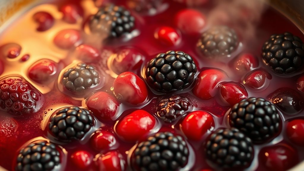 Ultra-Nahaufnahme, fotorealistisches 16:9-Bild einer Mischung aus aufgetauten gefrorenen Beeren und frischen Brombeeren, die sich mit Cranberries in einem Topf vermengen, umgeben von reichhaltigem, lebendigem rotem Fruchtsaft. Dampf steigt sanft auf, hervorgehoben durch goldgelbes Licht, das die saftigen Texturen zeigt.