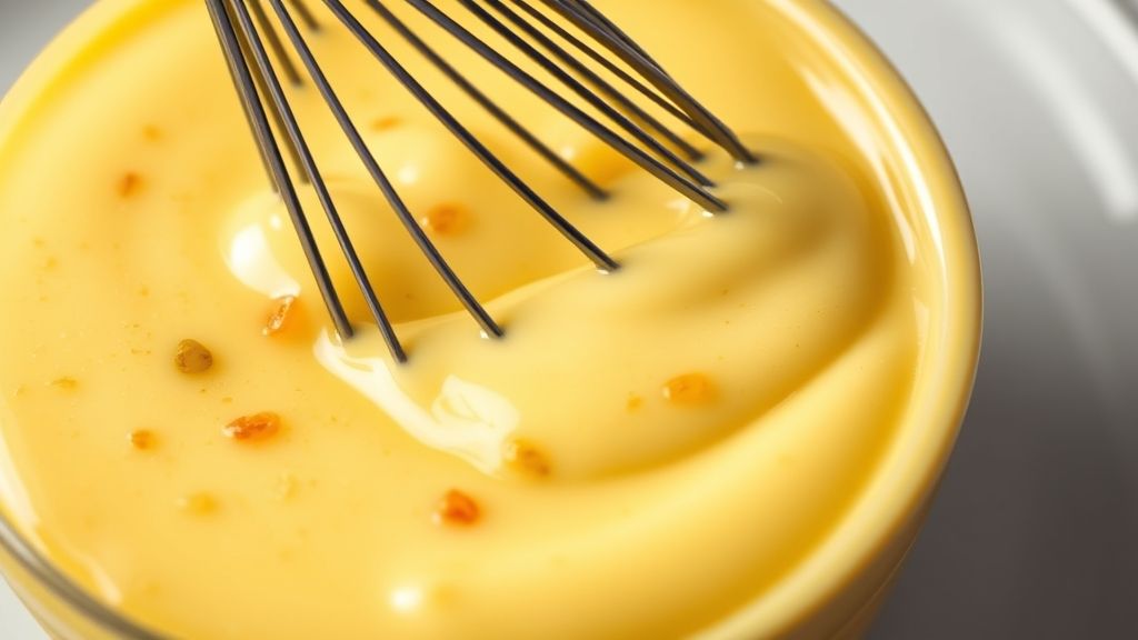 Un primer plano extremo de un batidor o cuchara mezclando activamente la salsa tártara en un tazón pequeño de tono amarillo dorado. El movimiento desenfoca ligeramente el fondo, enfatizando la textura suave y cremosa de la salsa mientras los trocitos de relish se distribuyen uniformemente. Fotorealista, relación de aspecto 16:9, sin texto.