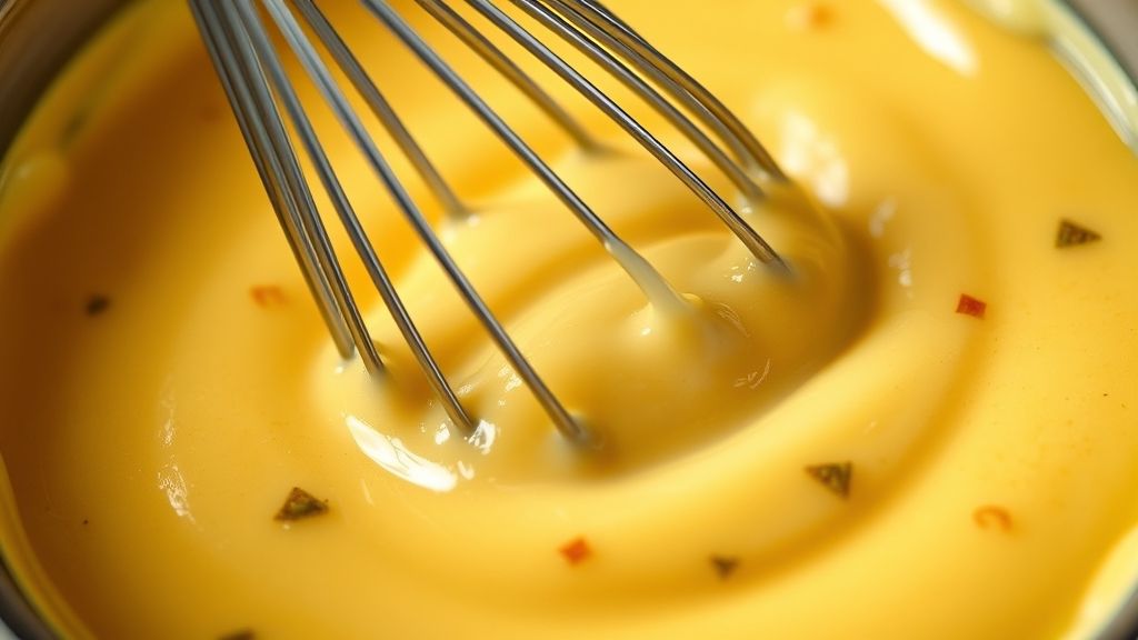 Eine extreme Nahaufnahme eines Schneebesens oder Löffels, der die Tartar-Sauce in einer kleinen, goldgelb getönten Schüssel aktiv umrührt. Die Bewegung verschwimmt den Hintergrund leicht und betont die glatte, cremige Textur der Sauce, während die Relish-Flocken gleichmäßig verteilt werden. Fotorealistisch, Seitenverhältnis 16:9, kein Text.