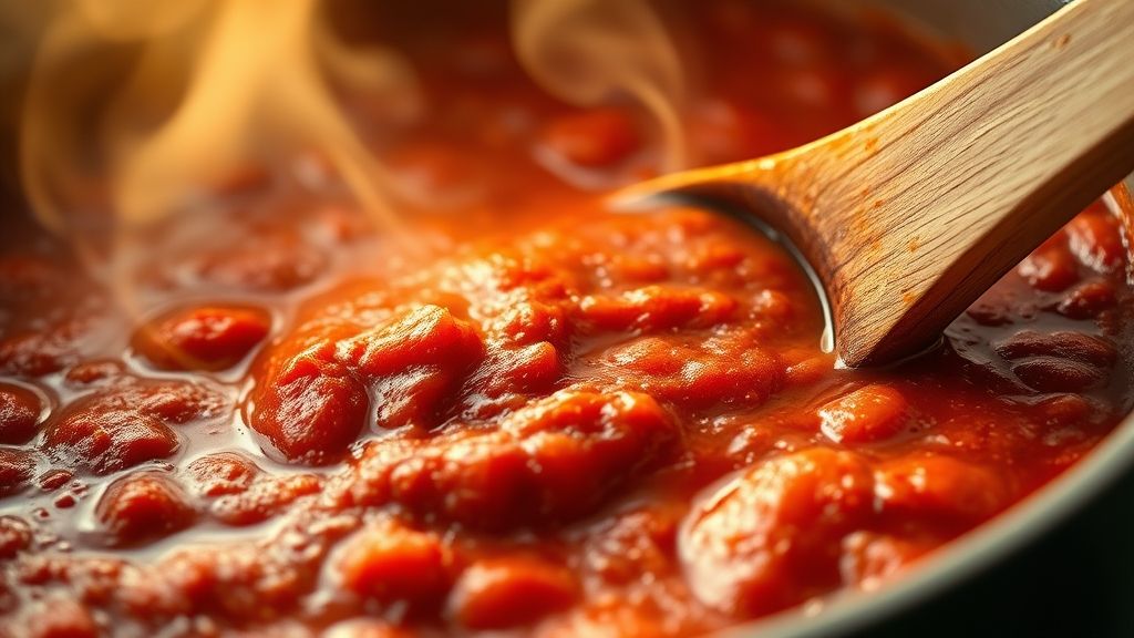 Close-up of the spaghetti sauce gently bubbling and simmering in a large pot, its surface glistening. A wooden spoon stirs the thick, aromatic sauce, showing off its rich texture and deep red color. Soft steam rises from the pot under warm, golden-yellow (#fdc754) lighting. Photorealistic, 16:9 widescreen aspect ratio.