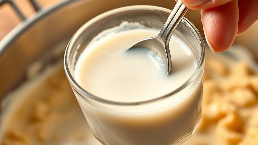 Eine ultra-nahe, fotorealistische, 16:9 Breitbildaufnahme eines kleinen Glasbechers, der eine milchig weiße Maisstärke-Slurry hält, die mit einem Löffel umgerührt wird. Die Flüssigkeit ist glatt, was auf vollständige Auflösung hinweist. Eine Hand neigt den Becher sanft, bereit, ihn in einen Topf zu gießen, wobei warmes, goldgelbes (#fdc754) Licht die Textur der Flüssigkeit hervorhebt. Kein Text oder Menschen.