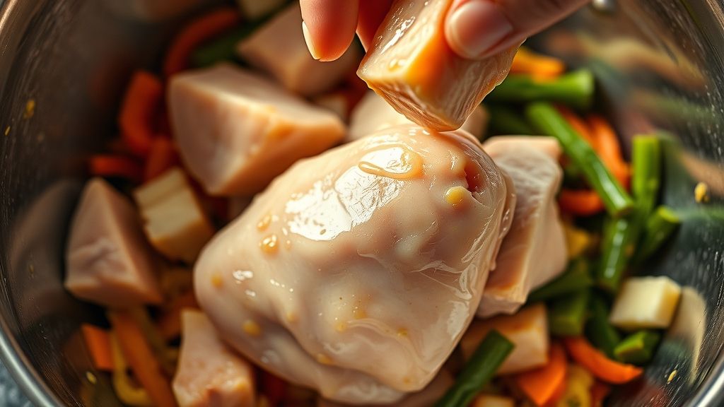 A 16:9 photorealistic, close-up image showing raw, 1.5-inch pieces of boneless, skinless chicken thighs being gently added to the bowl already containing the colorful, prepped vegetables. The ingredients are slightly tossed together, with a focus on golden yellow reflections.
