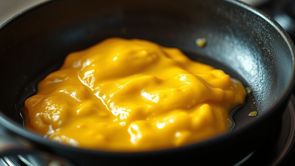 Ultra-close-up, photorealistic 16:9 image of golden scrambled eggs cooking in a small frying pan, showing their soft, fluffy texture, with a warm golden-yellow (#fdc754) light reflecting off the pan. No text.