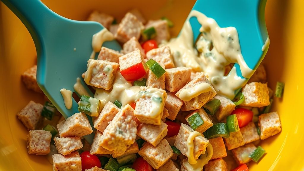 Un gros plan ultra-rapproché, une photo réaliste d'une spatule en silicone qui incorpore délicatement et mélange les ingrédients de la salade de thon dans un bol de mélange jaune doré. La texture crémeuse de la mayonnaise enrobant le thon et les légumes est visible. Format panoramique 16:9. Aucun texte, mots ou filigranes.
