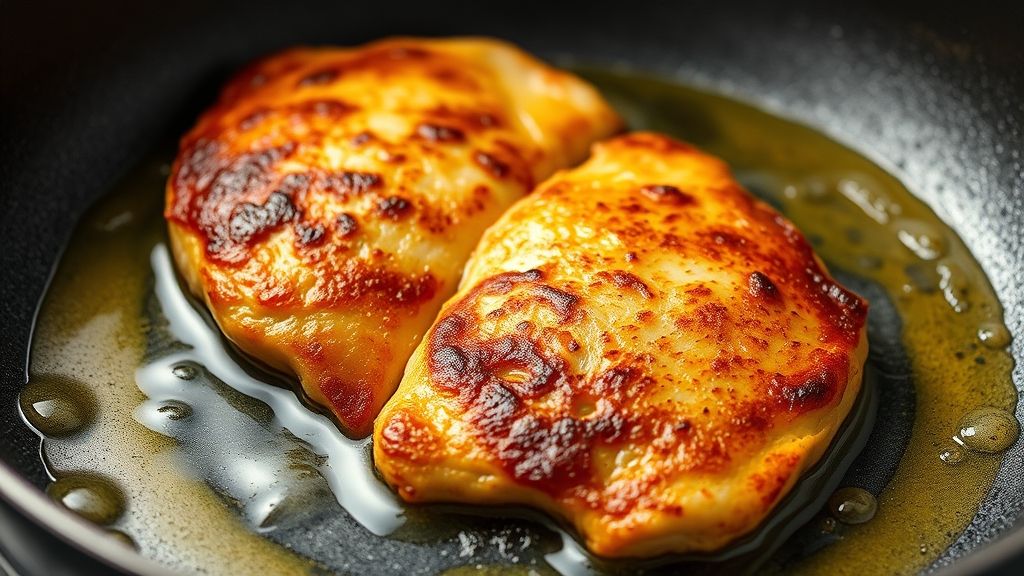 Ultra-close-up, photorealistic shot of two golden-brown chicken cutlets sizzling in a non-stick pan with melted butter and oil, showing crispy edges and a beautiful sear. The pan has a subtle golden yellow (#fdc754) sheen. 16:9 widescreen aspect ratio, no text.