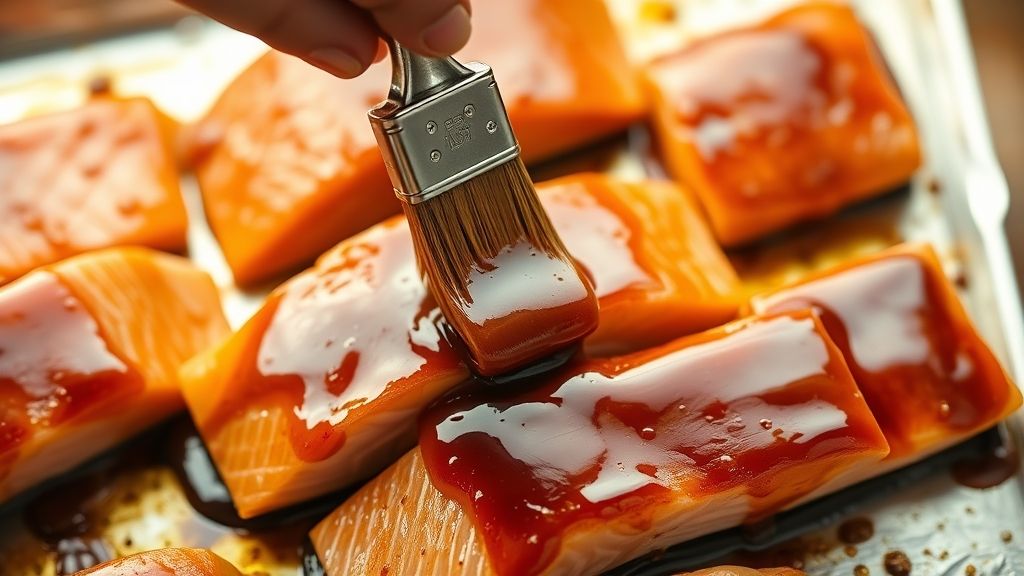 Close-up, overhead shot of salmon fillets neatly arranged on a natural aluminum baking sheet, with a chef gently dabbing a thick, golden-brown glaze onto the surface using a brush. The salmon's pink hue contrasts with the dark glaze, under a golden yellow (#fdc754) lighting. 16:9 aspect ratio.