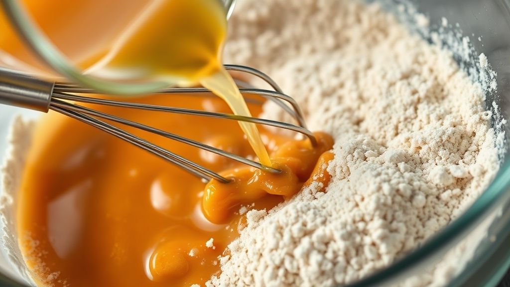A dynamic shot of wet ingredients being poured from a glass bowl into a larger bowl of dry ingredients. A stainless steel whisk is just beginning to gently fold the mixture, showing some lumps, indicating it's just combined, not overmixed. The scene is focused on the mixing process.