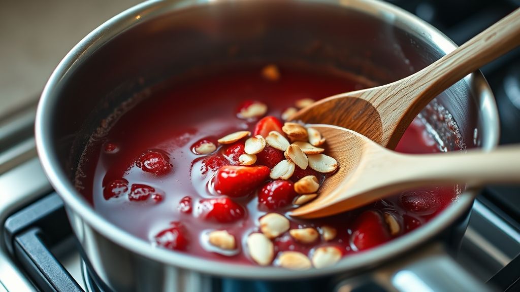 A saucepan on a stovetop, with a clear and thickened strawberry sauce bubbling gently. A wooden spoon or whisk is stirring in vibrant red thawed strawberries and toasted sliced almonds, creating a rich fruit topping.