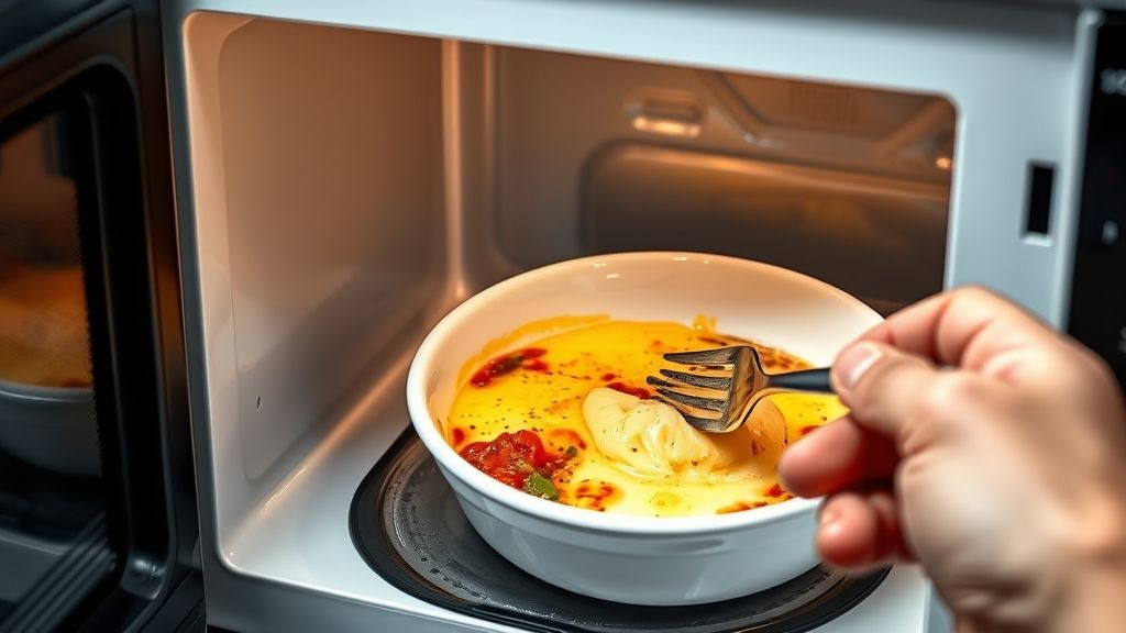 A microwave oven door slightly ajar, revealing a ceramic bowl inside with the egg and salsa mixture cooking. Then, a hand using a fork to gently stir the partially cooked egg mixture in the bowl, showing its developing texture, ready for a second round of microwaving.