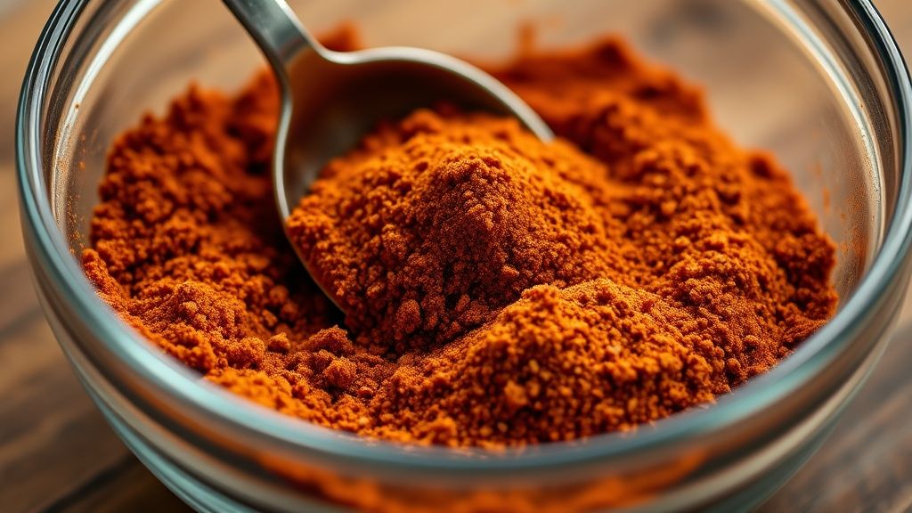 A small glass mixing bowl holding a rich, reddish-brown BBQ spice mixture. Various ground spices like brown sugar, chili powder, smoked paprika, onion powder, and cumin are visibly blended together. A small spoon rests in the bowl, ready for sprinkling.
