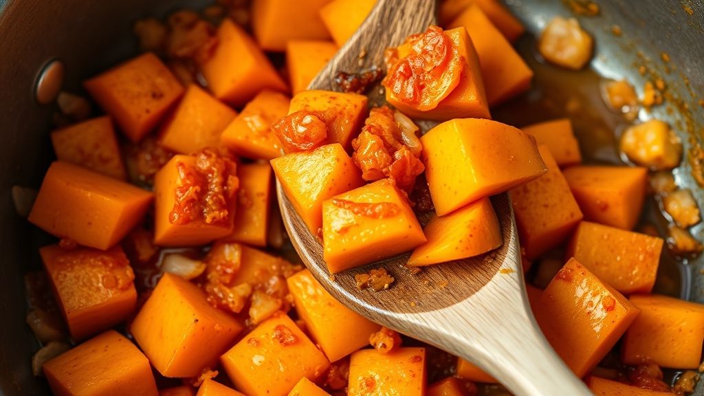 Trozo de calabaza o calabaza moscada de 3 cm picados siendo añadidos a la olla con la cebolla, el ajo y la pasta de curry rojo cocinados. Una cuchara de madera está mezclando suavemente la calabaza para asegurar que cada pieza esté completamente cubierta en la mezcla de especias fragantes, mostrando un contraste de color naranja y rojo vibrante.