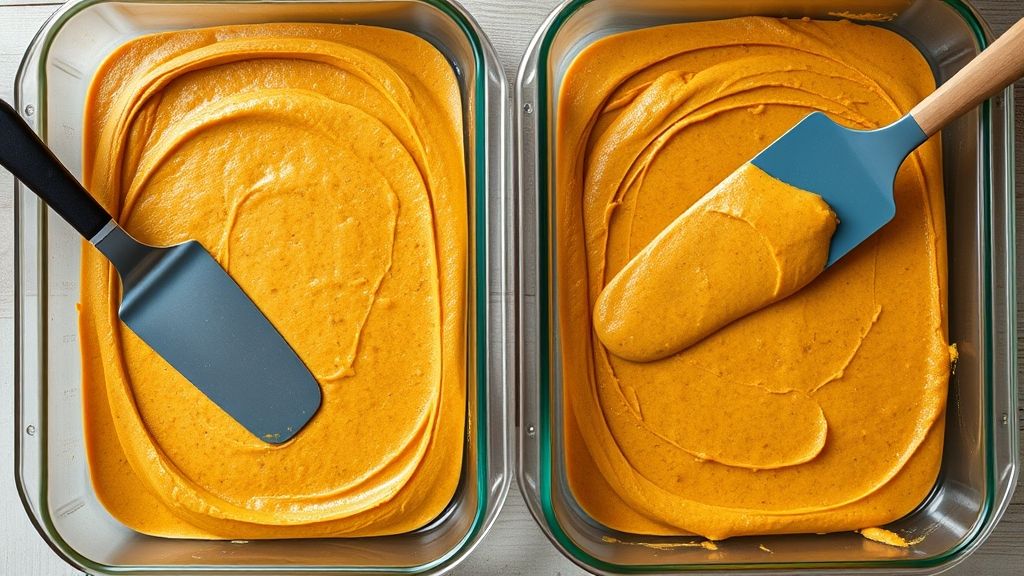 An overhead shot of two prepared jelly roll pans, each with a portion of the pumpkin cake batter carefully spread to the edges using an offset spatula. The batter is evenly distributed and smooth, filling the pans. A measuring scale might be subtly visible to indicate precise division.