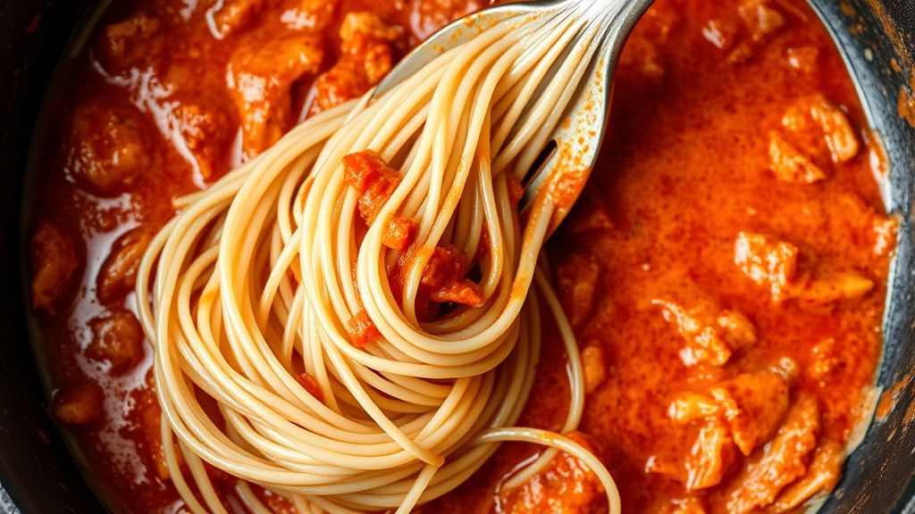 Photorealistic, top-down shot of the cooked rice vermicelli noodles being gently folded into the skillet with the red curry chicken sauce. The noodles are absorbing the vibrant red sauce, creating a cohesive dish. A stirring utensil is visible.