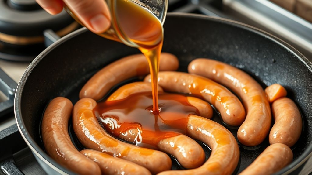 A large nonstick skillet on a stovetop, filled with uncooked bratwurst sausages. A hand is pouring the prepared non-alcoholic beer glaze mixture over the brats, which are arranged neatly in the pan. The liquid is just beginning to bubble, indicating the start of the cooking process.