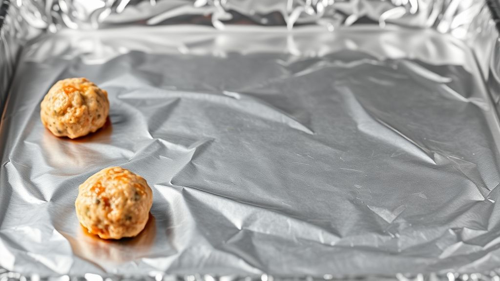 A clean aluminum sheet pan lined with shiny aluminum foil, lightly greased with a visible shimmer of vegetable oil. The pan is ready for the meatballs.
