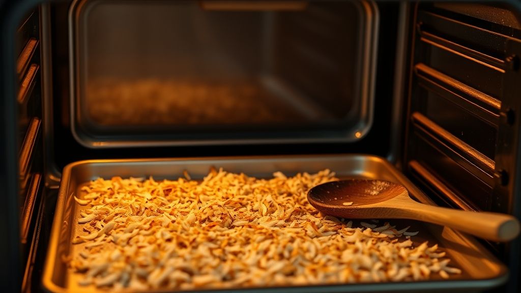 Ein geöffneter Ofen, der ein Backblech mit goldbraunen gerösteten Kokosnussflocken zeigt. Einige Flocken sind sichtbar dunkler und duftend, was den erfolgreichen Röstprozess zeigt. Ein Holzlöffel liegt neben dem Backblech.