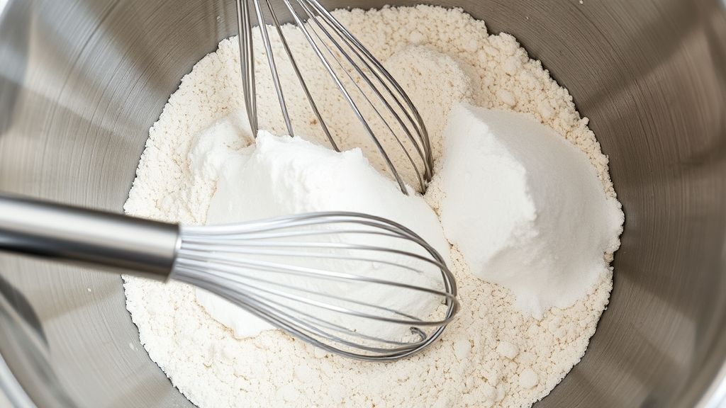 Whisking together flour, baking powder, and salt in a separate bowl