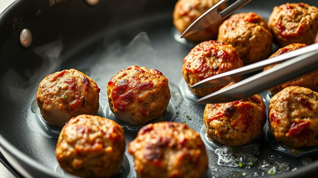 Cooking Moroccan lamb meatballs in a non-stick pan