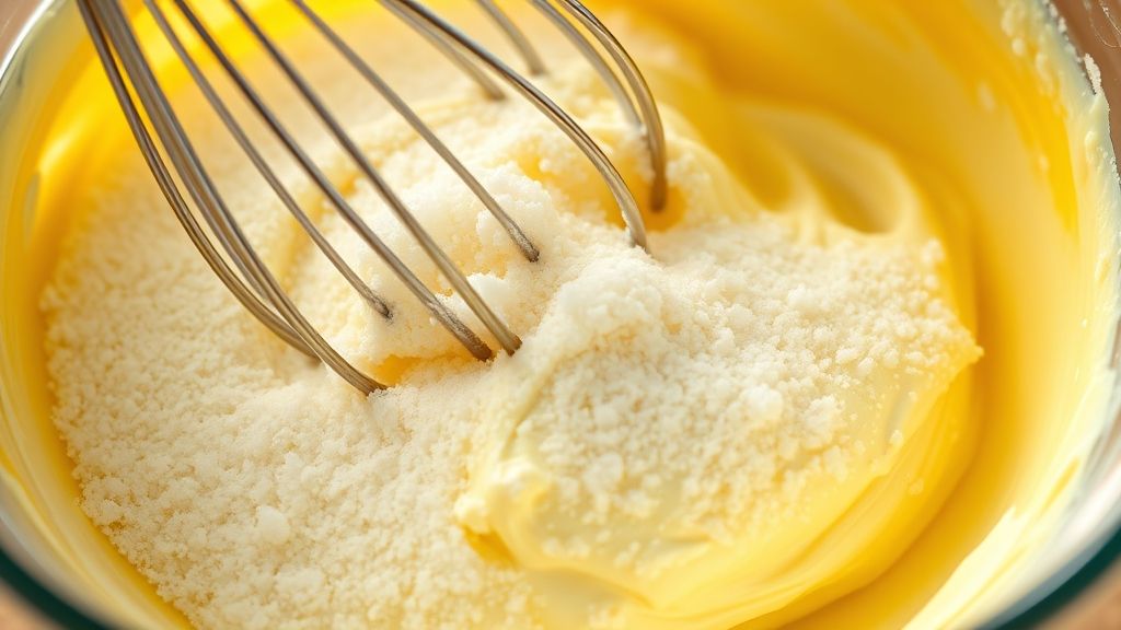 An ultra-close-up shot of softened cream cheese and granulated sugar being whisked together in a large mixing bowl, showing the smooth, creamy consistency forming. The scene is brightly lit with golden yellow undertones, in a 16:9 widescreen aspect ratio, focusing on the ingredients and texture.