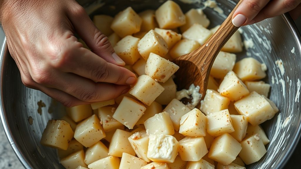 Überziehen der vorgekochten Kartoffeln mit gewürzter Mayonnaise
